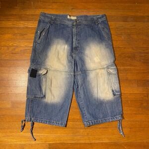 VILLA‎ Mens Long Denim Baggy Cargo Shorts Drawstring Hem Size 40